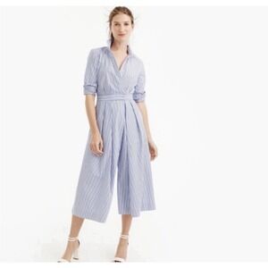 J.CREW Blue White Striped Cotton Wrap Front Jumpsuit Wide Leg Size 14 Pockets